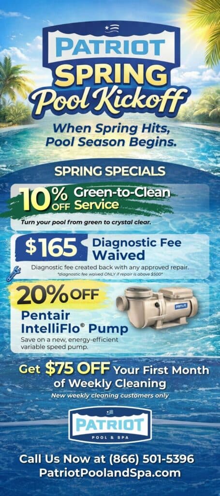 Promotional flyer for Patriot Pool & Spa's Spring Pool Kickoff, listing spring specials ...