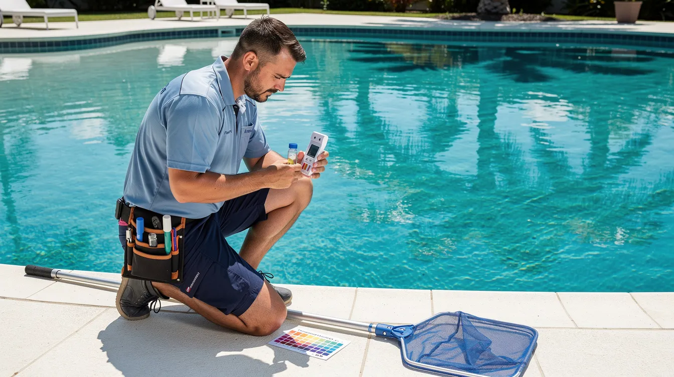 A man wearing a tool belt kneels by a pool, holding water testing materials and comparing them to a color chart. A pool skimmer is on the ground beside him. The water is clear and the pool area is clean.