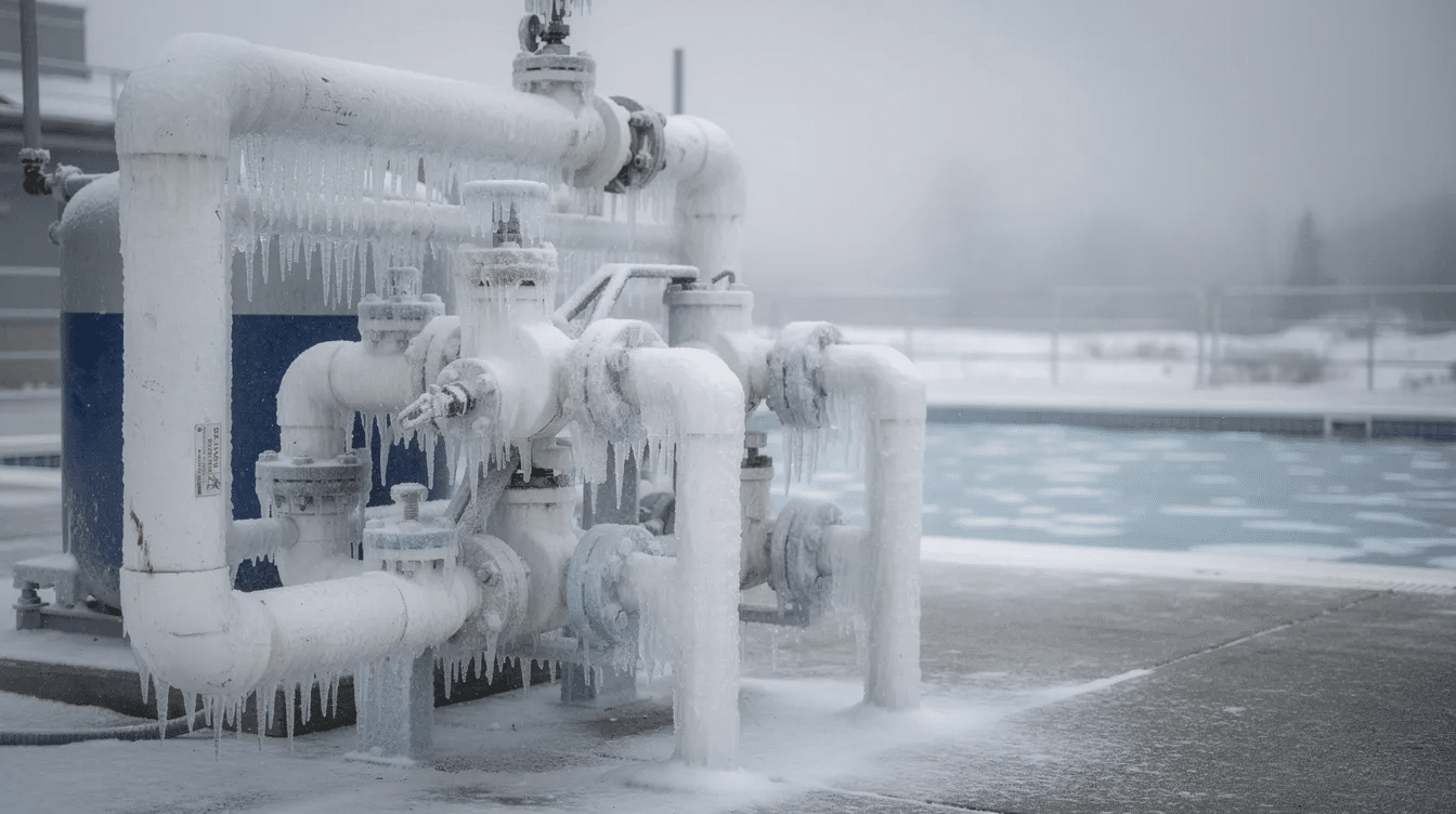 The image shows a frozen outdoor swimming pool equipment setup, with pipes and machinery completely covered in ice, indicating the harsh winter conditions. This scene highlights the importance of routine maintenance and pool care to prevent equipment problems during cold weather, especially for pool owners in Texas.