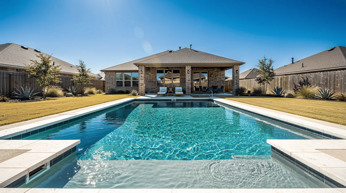 The image shows a sparkling residential swimming pool in a Texas backyard, illuminated by the bright afternoon sun. This inviting pool area is perfect for relaxation and family gatherings, highlighting the importance of reliable pool care and maintenance for maintaining water quality and enjoyment.
