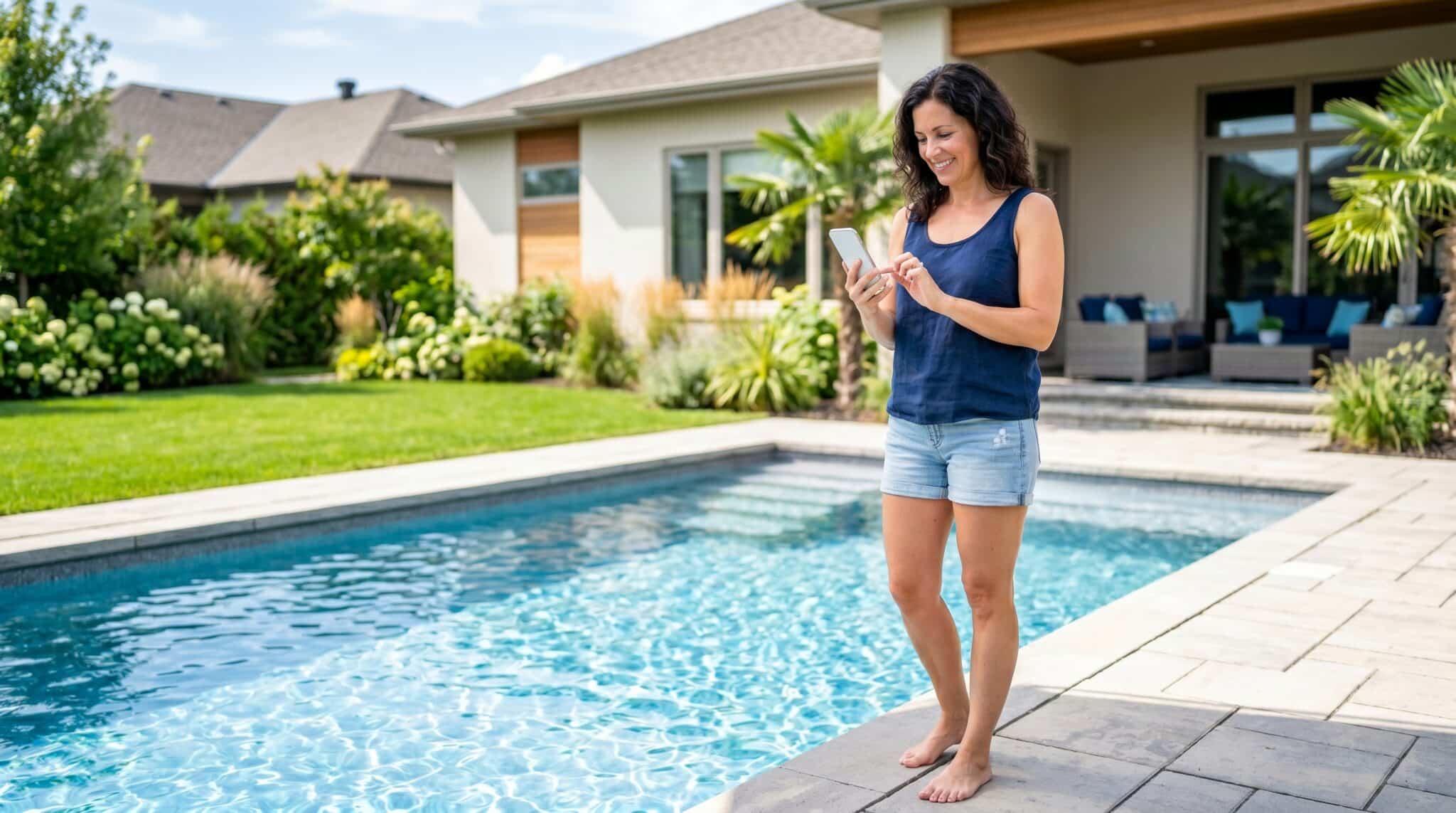A woman stands barefoot by a backyard swimming pool, reading a book. She is wearing a navy tank top and denim shorts, unaware of the pool service alert. A modern house, green lawn, and patio furniture are visible in the background.