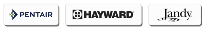 Logos of three pool equipment brands from left to right: Pentair, Hayward, and Jandy. Each logo appears in a separate white rectangle with the brand name and design elements.