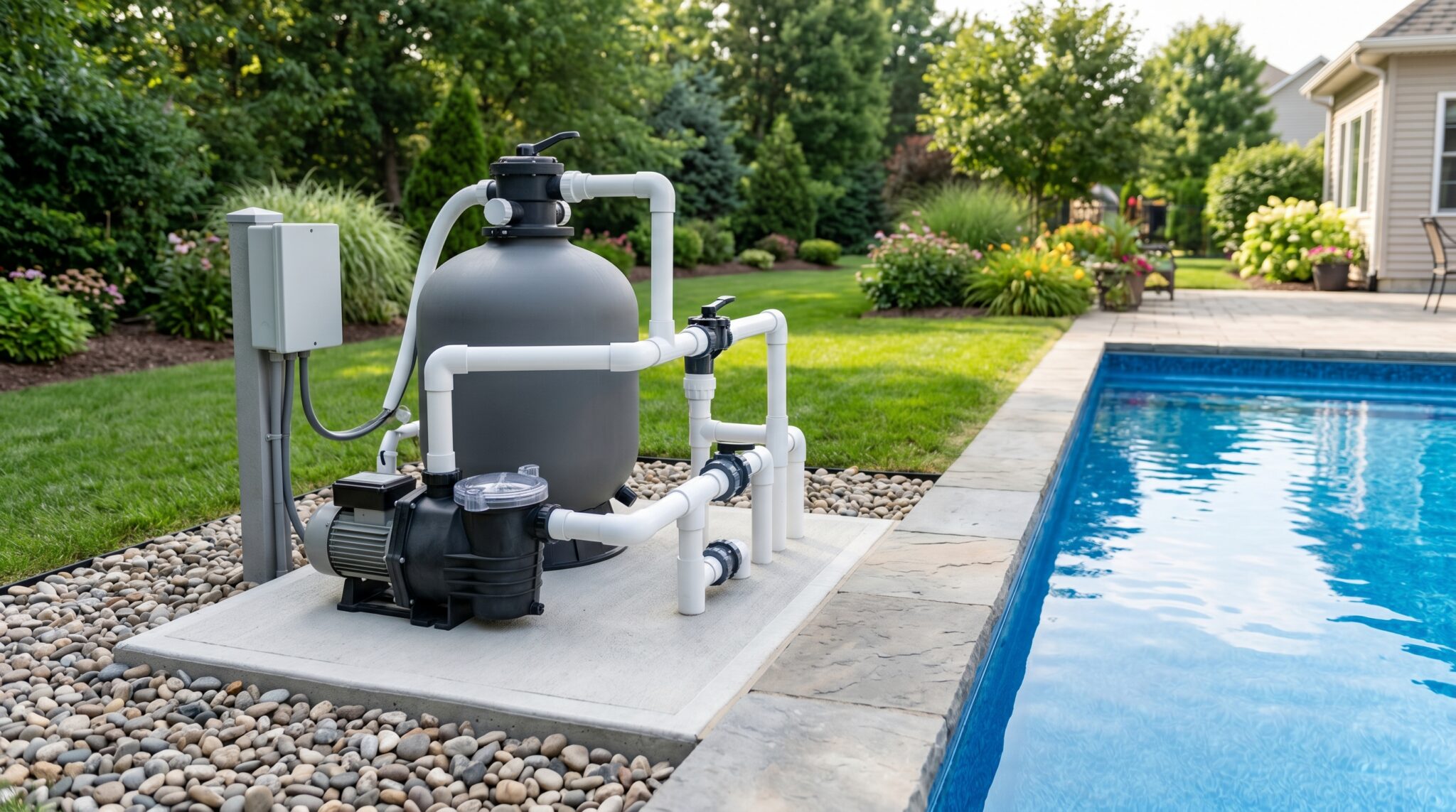 A pool service alert highlights a filtration system with white PVC pipes and a round, black filter tank, installed on a concrete pad next to a blue swimming pool, with a landscaped backyard visible in the background.