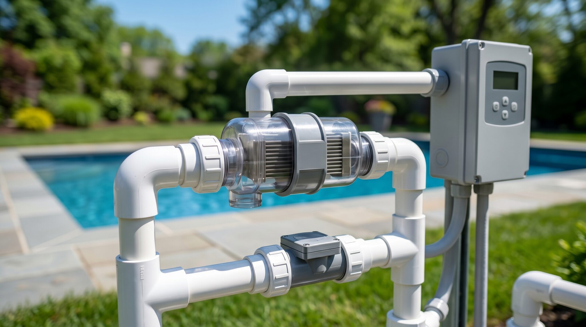 A close-up of a pool chlorinator system with white PVC pipes and a control unit, featuring a pool service alert, installed outdoors next to a swimming pool in a landscaped backyard.