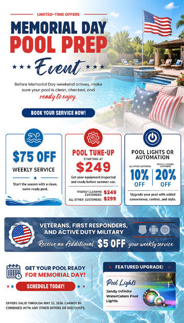 A promotional flyer for Memorial Day pool prep services featuring a poolside scene with an American flag. Offers include $75 off weekly service, pool tune-up for $249, and up to 20% off pool lights.